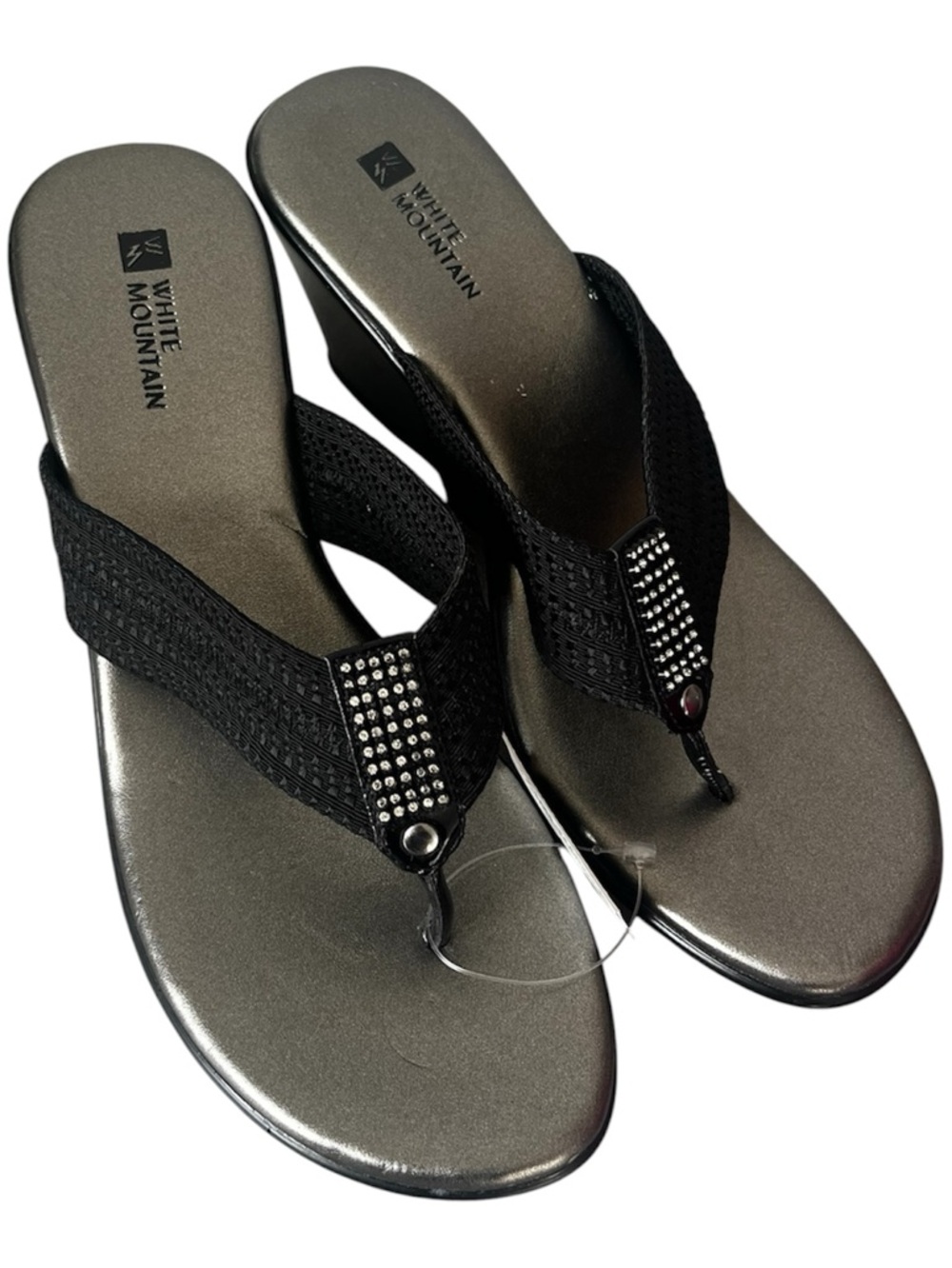 White Mountain Black Wedge Thong Sandals with Rhinestone Detail Sz 8 NWT